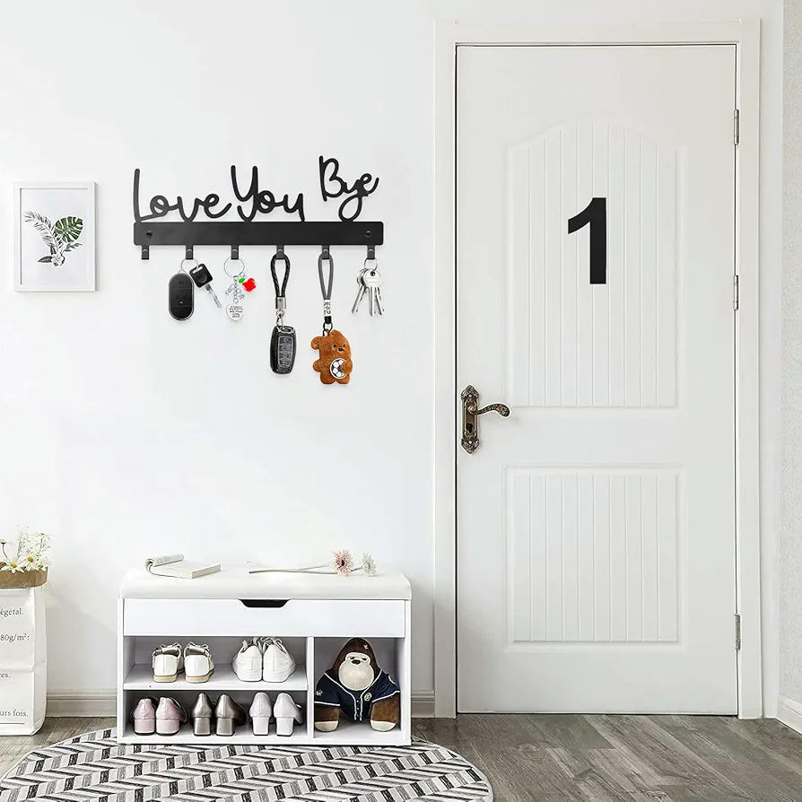 Colgador de llaves de pared con texto "Love You Bye", gancho con 6 anclajes, ideal para cocina, entrada, pasillo, oficina y dormitorio (Negro)