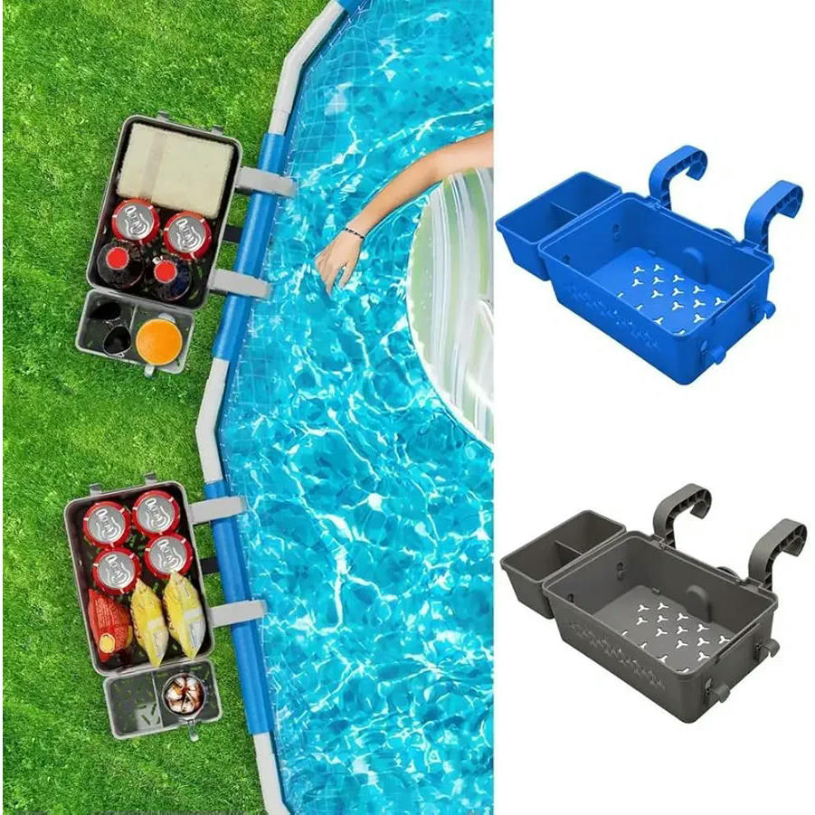 Bandeja de almacenamiento, accesorios portables para piscinas elevadas, con portavasos, color gris