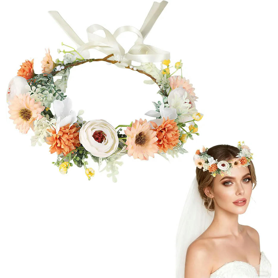 Diadema de Flores para Niña y Mujer con Cinta Ajustable, Ideal para Ceremonias y Festivales, 19 cm (Naranja Multicolor)