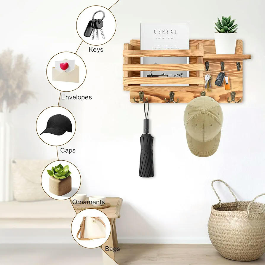 Organizador de Llaves y Correo de Madera Natural con 4 Ganchos Dobles, Estante Pared para Entrada, Diseño Rústico, Compatible con Decoración de Hogar