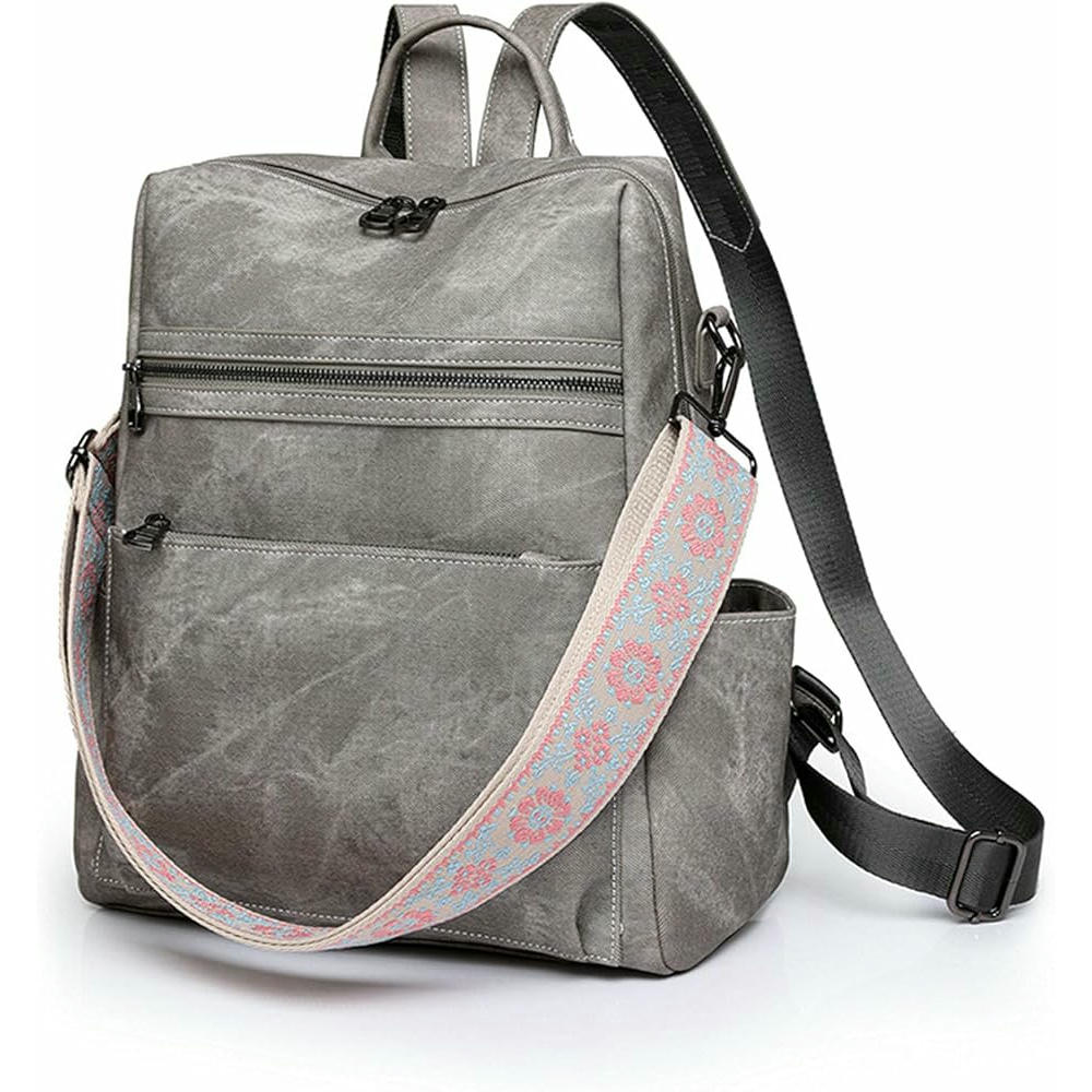 Mochila de piel sintética para mujer, gran capacidad, casual, con correa para bolso, ideal para viajes y uso diario (Gris)