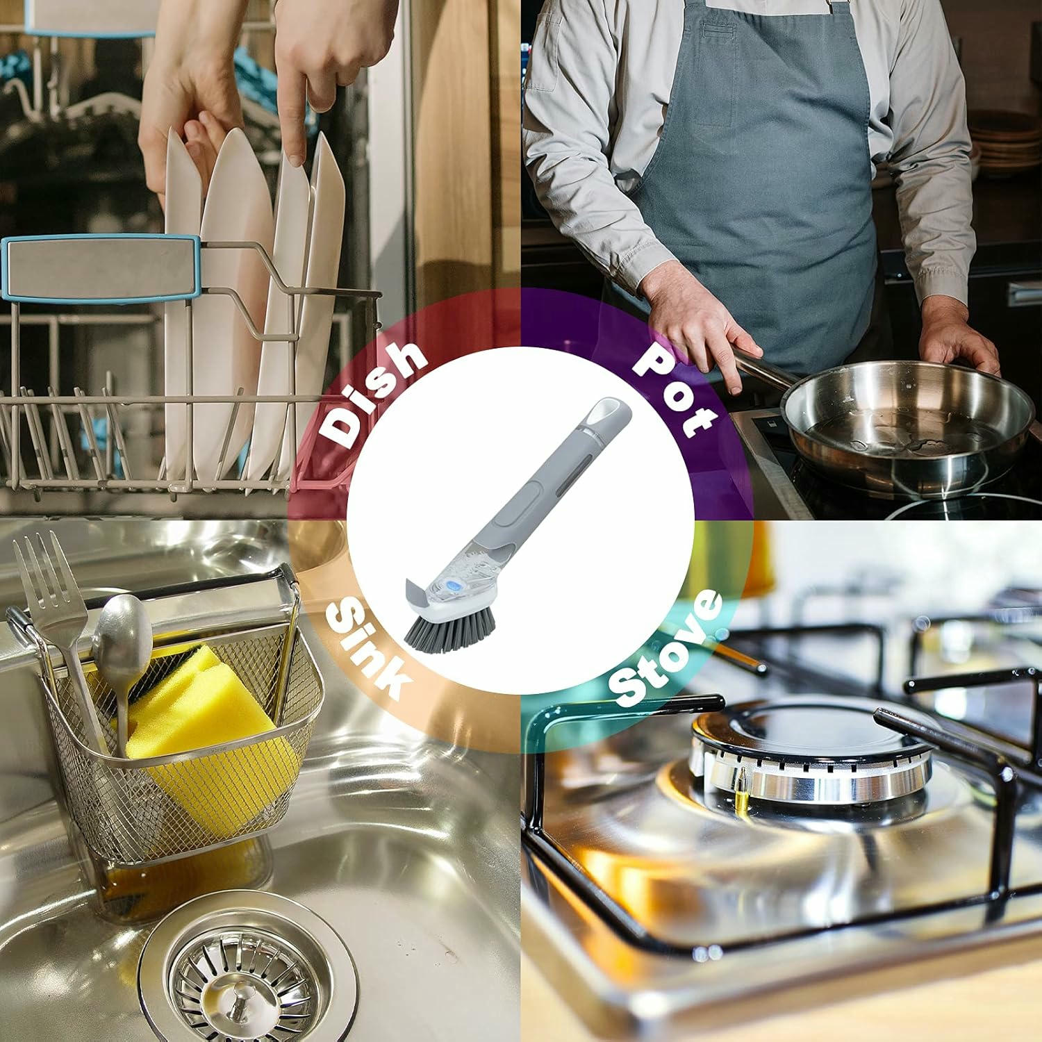 Cepillo dispensador de jabón para platos con 3 recambios de esponja, cepillo de cocina antiarañazos con mango ergonómico para limpieza eficiente