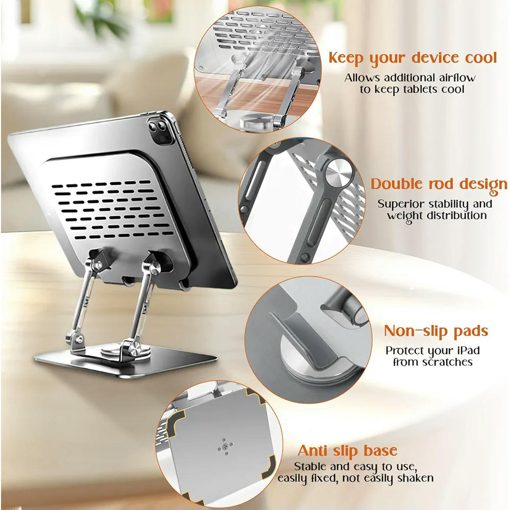 Soporte de Tablet Ajustable y Plegable de Aluminio, Giratorio 360 Grados con Base Antideslizante, Accesorio de Escritorio Universal para Tablets y Teléfonos