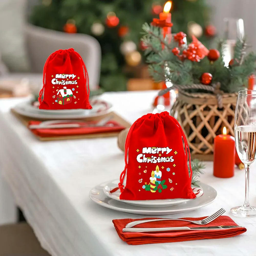 Pack de 12 bolsas de terciopelo rojo para regalos de Navidad, reutilizables, con cordón, ideales para dulces y pequeños obsequios, 12x9 cm (Color Rojo)