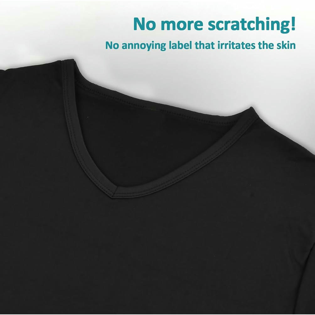 Paquete de 5 camisetas de hombre unicolor negro con cuello en V, camisetas de manga corta de fibra de leche, ideales para uso diario y ocasiones informales, Talla M/L