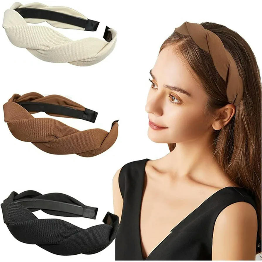 Juego de 3 diademas sólidas para mujeres y niñas, trenzadas anchas, diademas de tela con dientes, accesorios antideslizantes de 3 cm, 3 colores (Marron, Blanco, Negro)