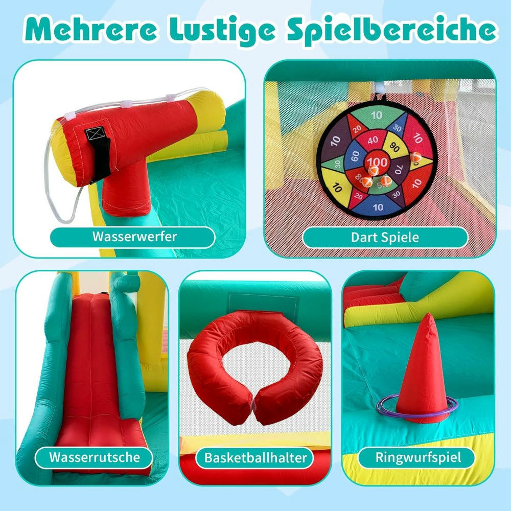 Castillo inflable con tobogán, área de salto, pit de pelotas y aro de baloncesto, diseño de elefantes, para uso en interiores y exteriores, 423 x 286 x 212 cm