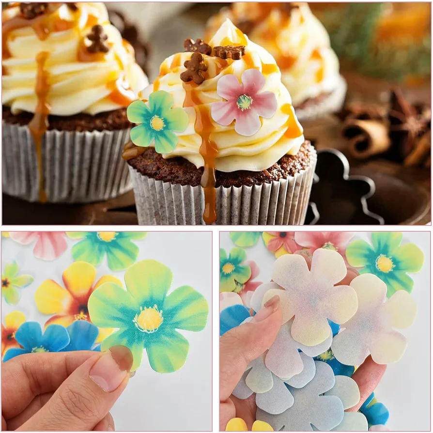 70 Piezas de Adornos Comestibles para Tartas y Postres con Flores Decorativas