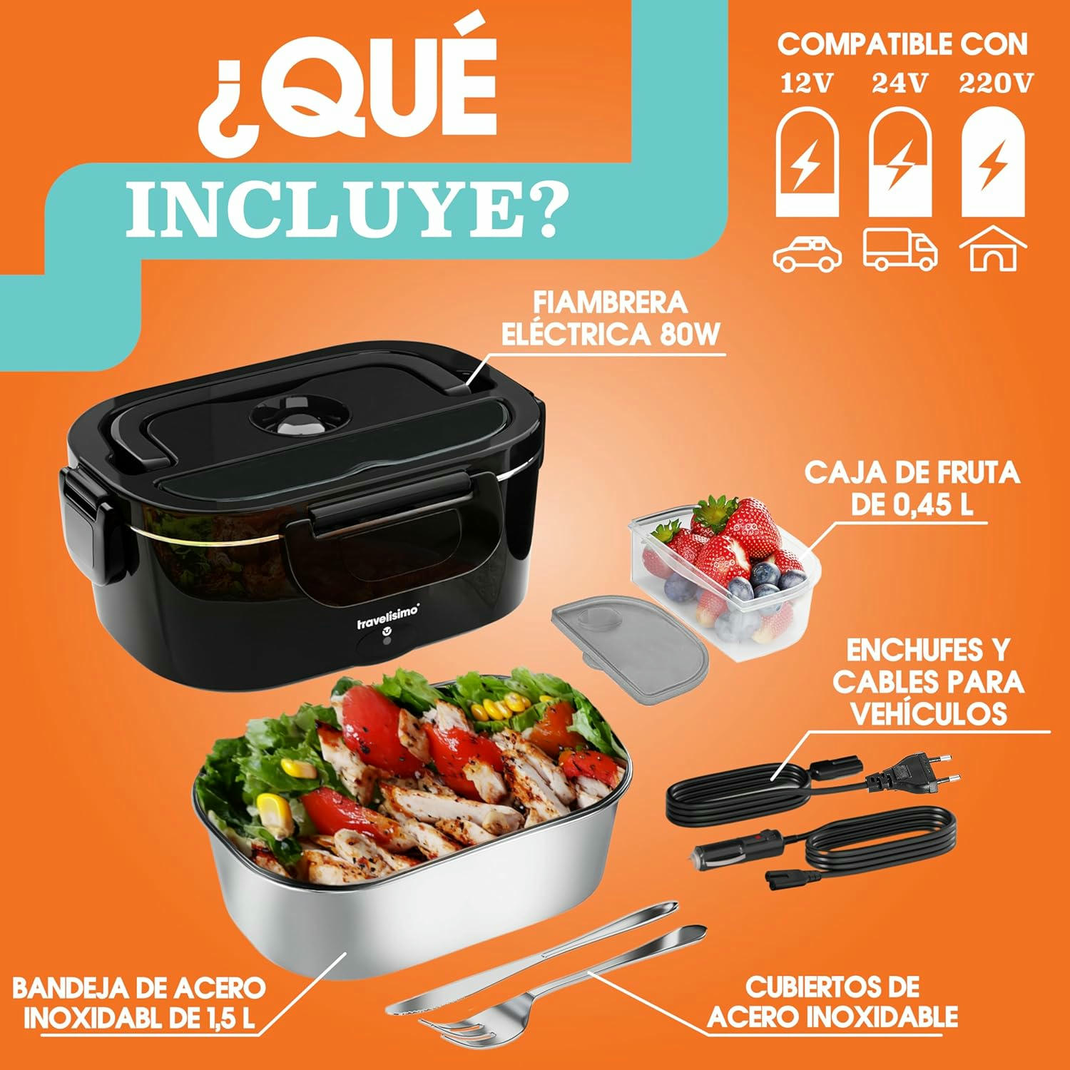 TRAVELISIMO Fiambrera Electrica 80W Taper Electrico para Comida 1,5L Fiambrera Termica 3 en 1 12V/24V/220V Fiambreras Comida Trabajo Para Coche y Camión, Loncheras de Trabajo en Acero Inoxidable