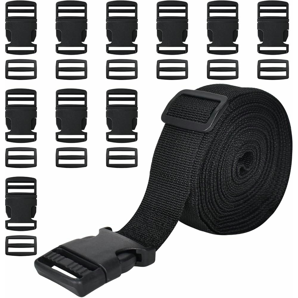 Kit de 10 Hebillas de Plástico con Correa Negra de 5m x 25mm para Equipaje y Mascotas (Negro)