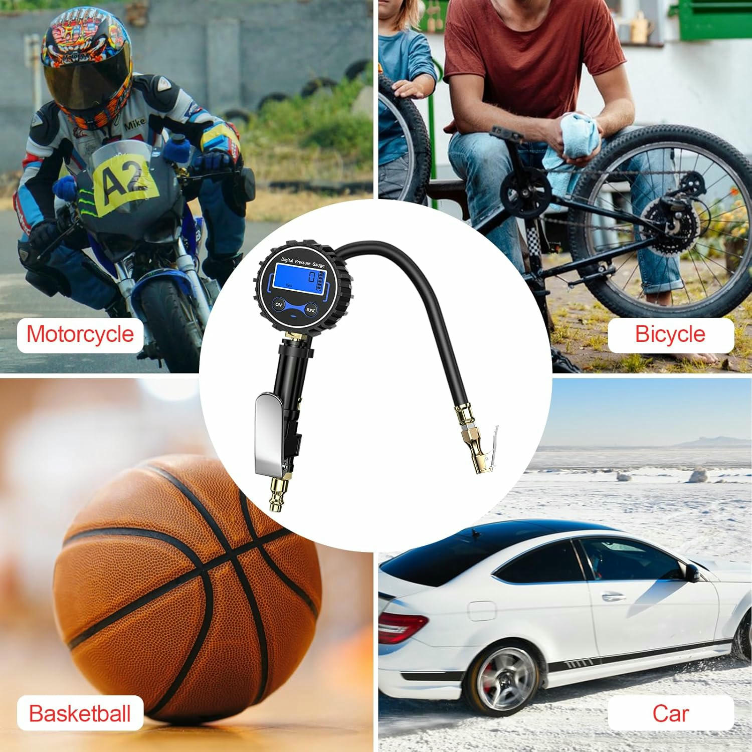 Gvolatee manometro presion neumaticos, manómetro presión neumáticos, inflador ruedas neumático con Manguera, Alta Precisión digital pressure gauge, 4 Unidades de Medida, para Bcicleta, Motocicleta