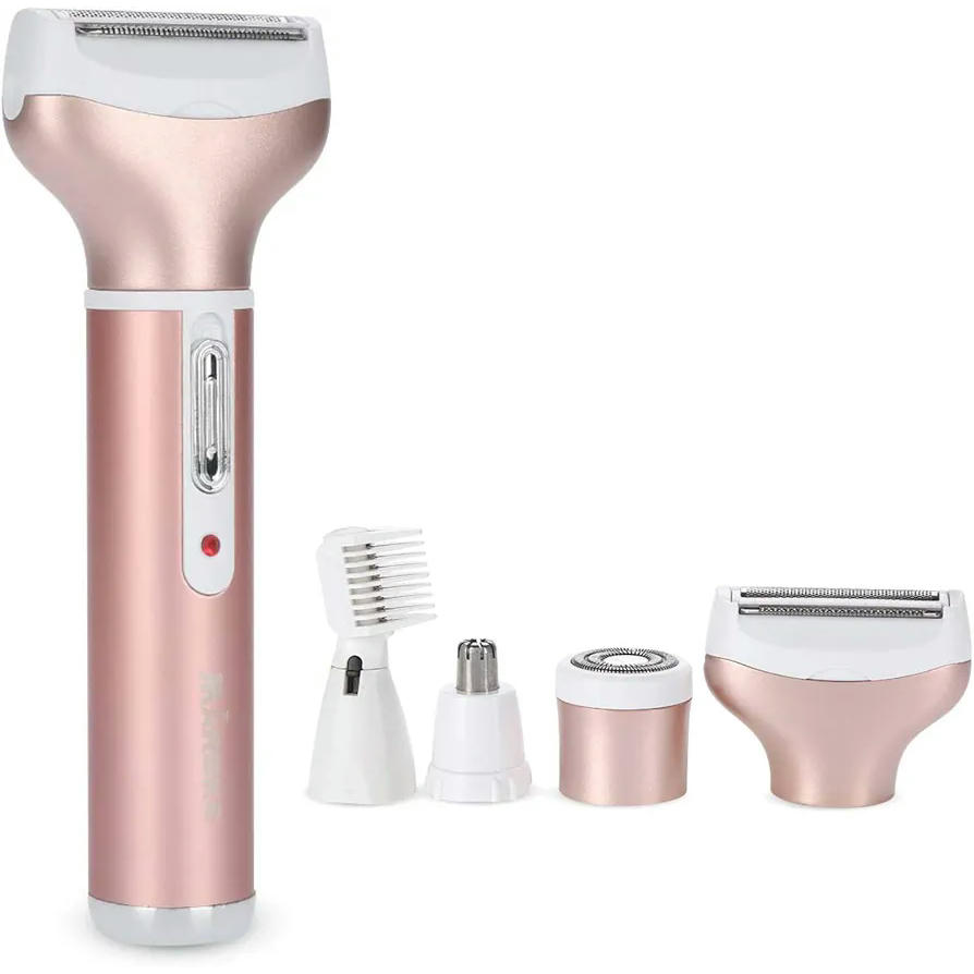 Afeitadora eléctrica femenina 4 en 1, recargable e impermeable con cabezales intercambiables (Rosa)