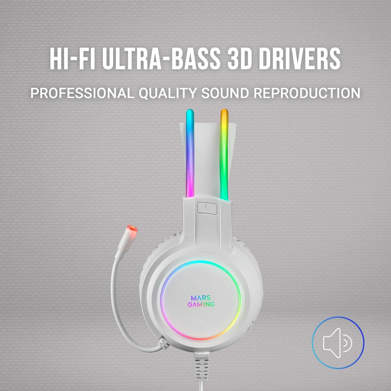 Mars Gaming MHRGB Blanco, Auriculares Chroma RGB Flow, Micrófono Profesional, Sonido Espacial