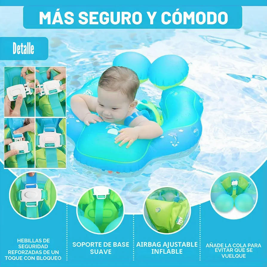 Flotador Inflable para Bebés con Asiento de Seguridad y Respaldo, Ideal para 6 a 12 Meses (Azul Verde Turquesa)
