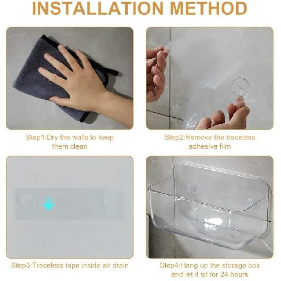 Juego de 3 estanterías sin taladrar, soporte para ducha y bandeja de baño (Transparente)