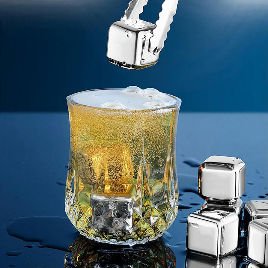 Cubitos de Hielo de Acero Inoxidable 8 Piezas, Cubitos Reutilizables, Con Pinzas y Caja de Almacenamiento, Ideal para Whisky, Cócteles y Bebidas
