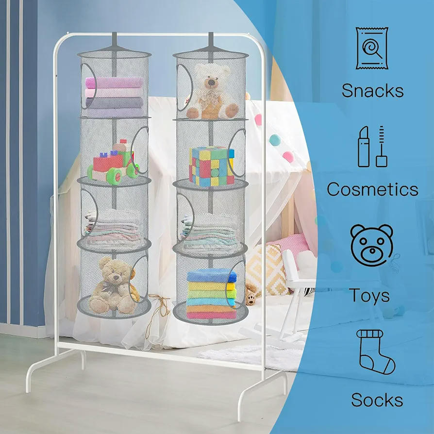 Bolsa de almacenamiento colgante gris, set de 2 piezas, con 4 compartimentos de malla, organizador de juguetes, ropa y accesorios, ideal para niños y espacios reducidos