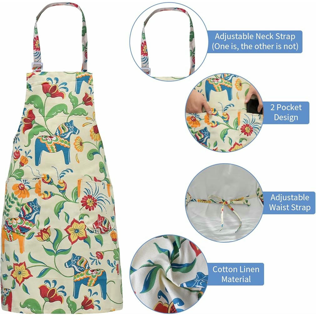 Delantales de Cocina para Mujeres, 2 Piezas, Algodón Floral, Ajustables, con 2 Bolsillos, Ideales para Cocinar, Hornear y Jardinería (Multicolor)