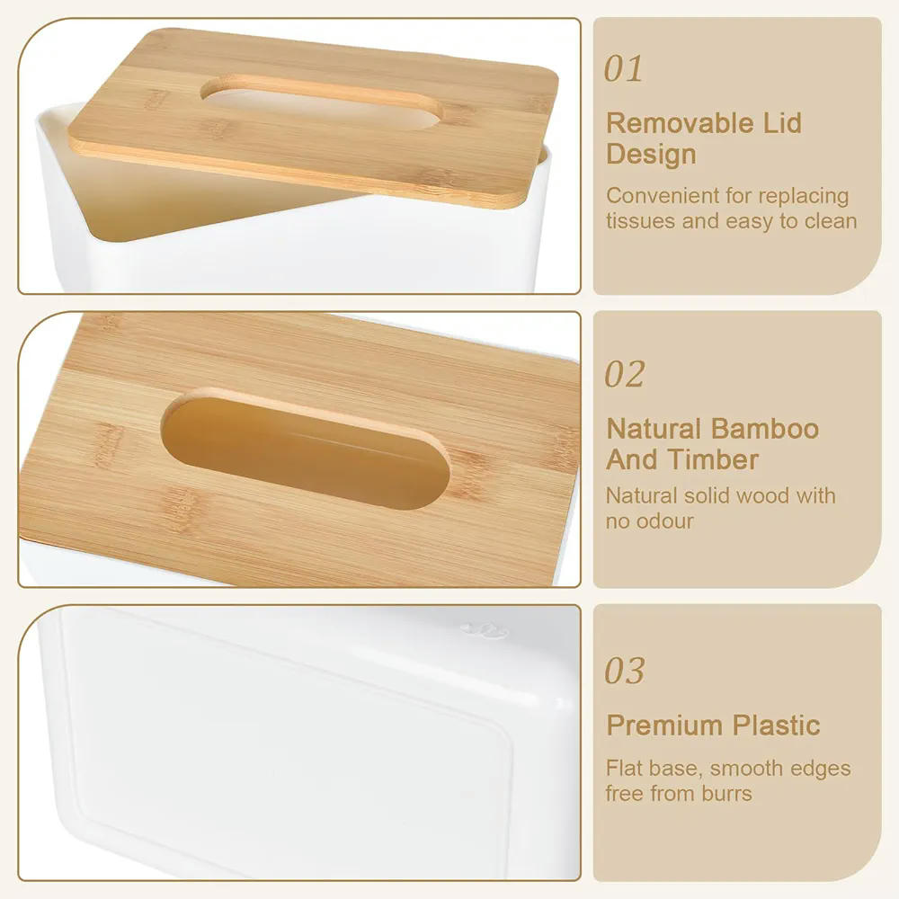 Caja de Pañuelos con Tapa de Madera de Bambú, Dispensador Rectangular para Toallitas 21 x 13 x 10 cm (Blanco)