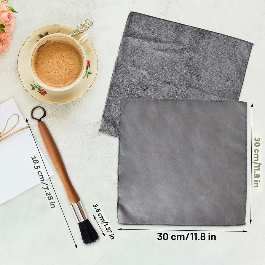 Set de Limpieza para Cafeteras con Brocha de Madera y 2 Paños de Microfibra (Gris)