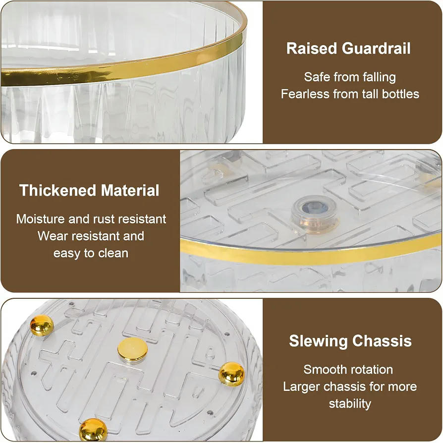 Especiero Giratorio Transparente 360 grados, Organizador Anti-Deslizante para Cocina y Baño, 27 cm de diámetro (Dorado)