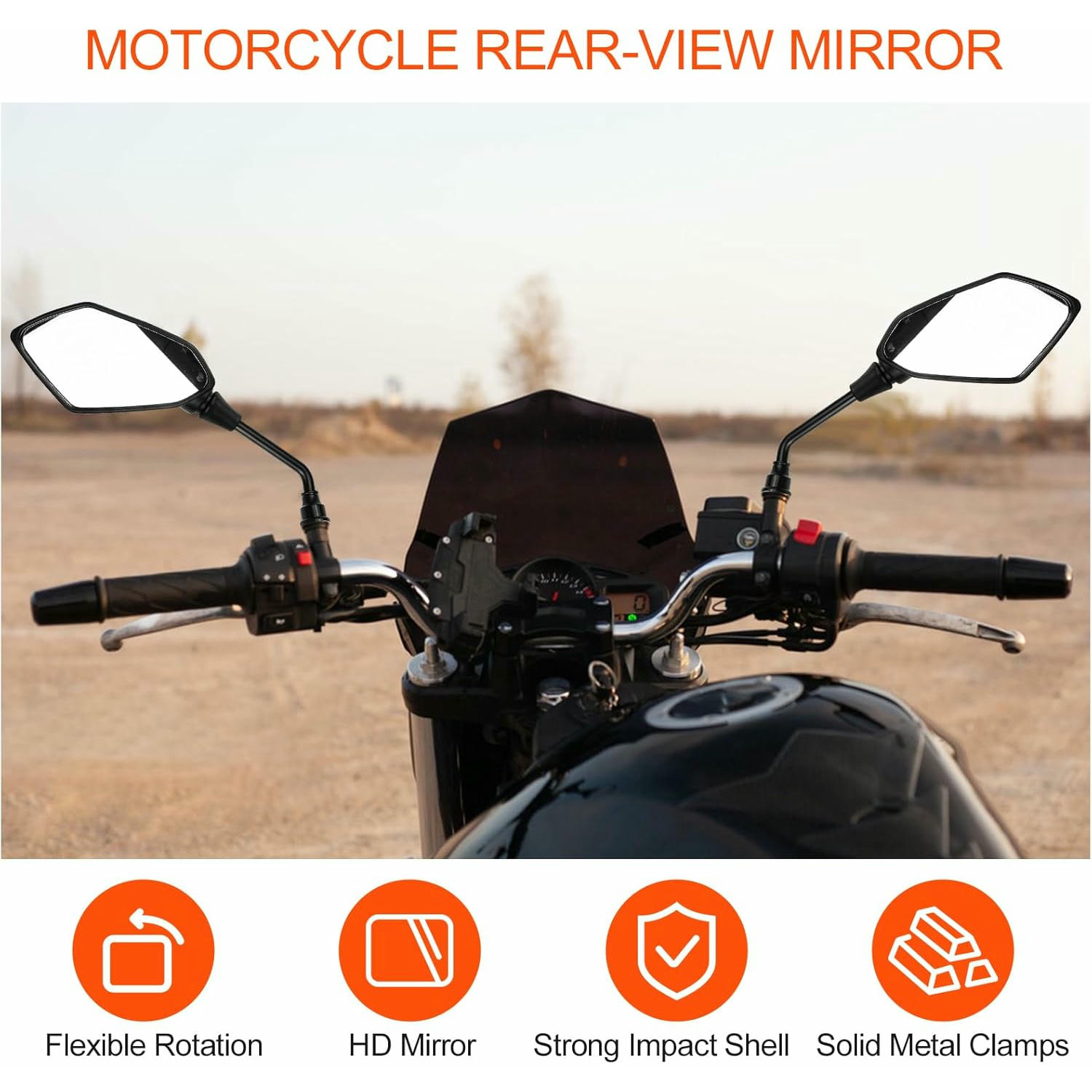 Fousenuk Par de Espejos Retrovisores Moto, Universal Espejos Moto Laterales con Abrazadera 7/8" 22mm, Tornillos de Fijación 10mm y 8mm, 360° Rotated Espejo de Manillar para Motos, Scooters, ATV