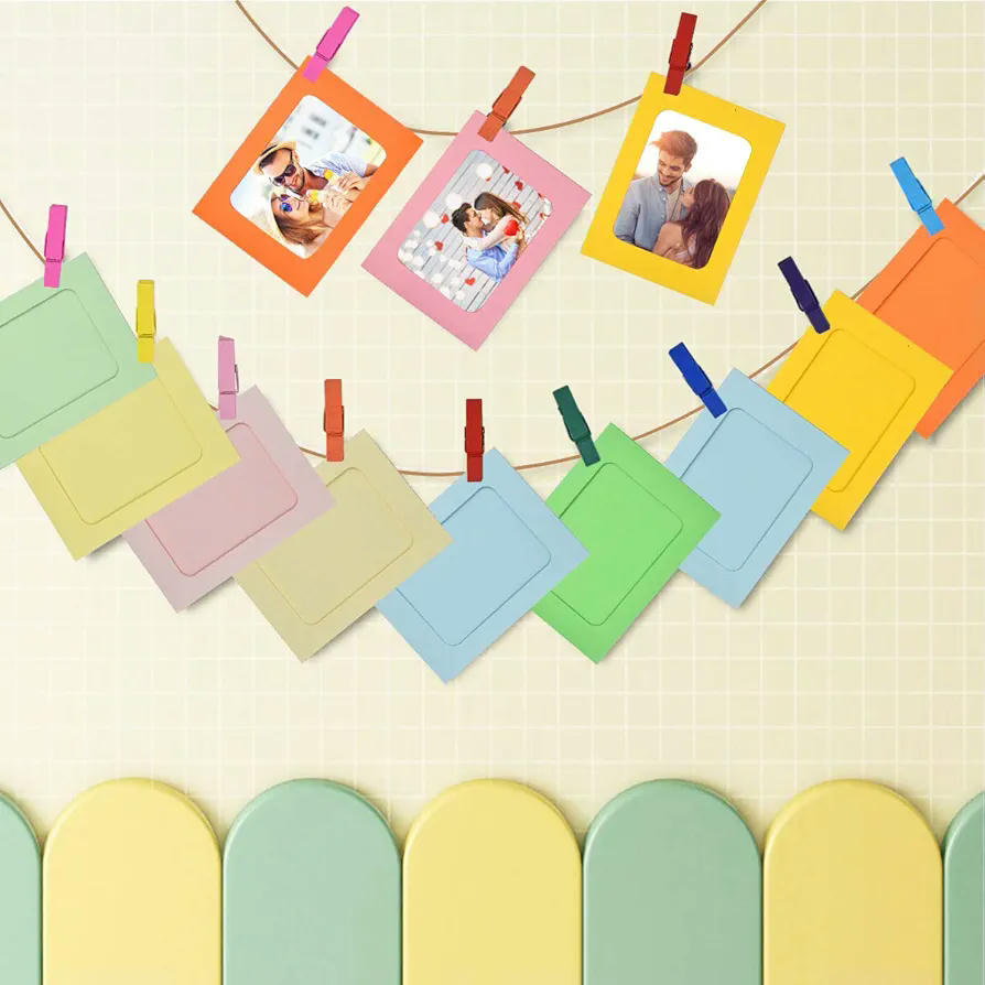 30 marcos de fotos de papel colorido con clips y cuerdas, marco para fotos de cartón de 15 x 11 cm, paquete completo para decoración (multicolor)
