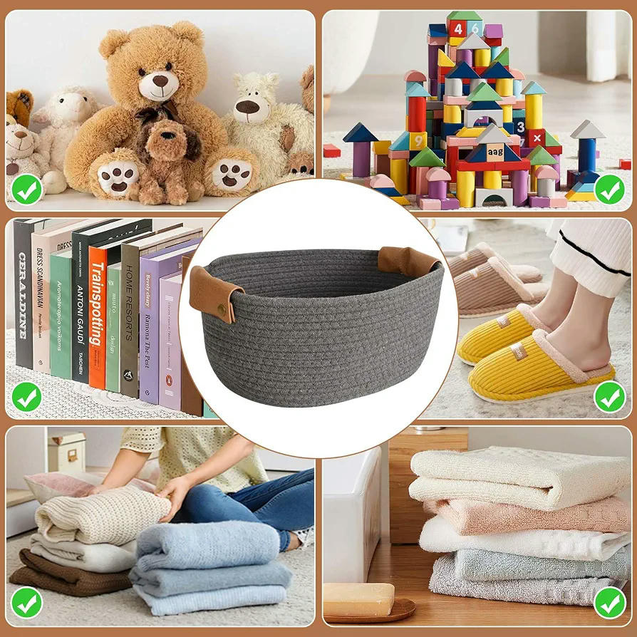 2 Piezas Cestas Organizadoras de Cuerda de Algodón Tejida con Asa de Cuero para Almacenamiento en el Hogar, para ropa, juguetes, decoración (Gris)