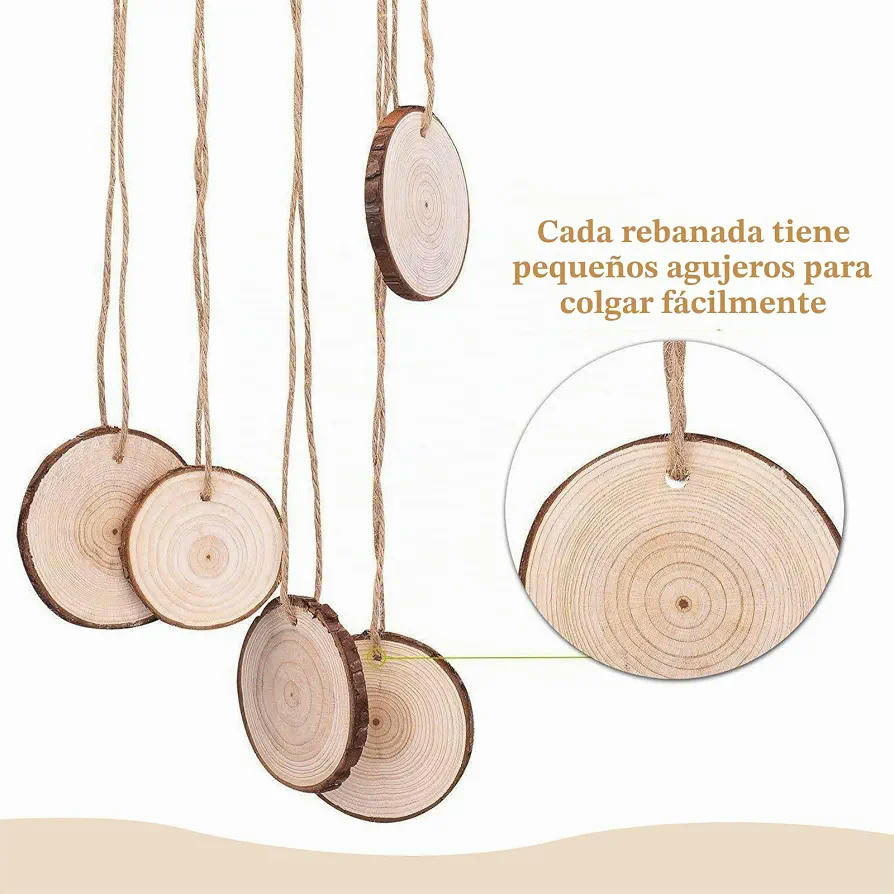 30 Discos de Madera Natural, Perforados, 6-7 cm, con 10 m de Cuerdas, para Decoración