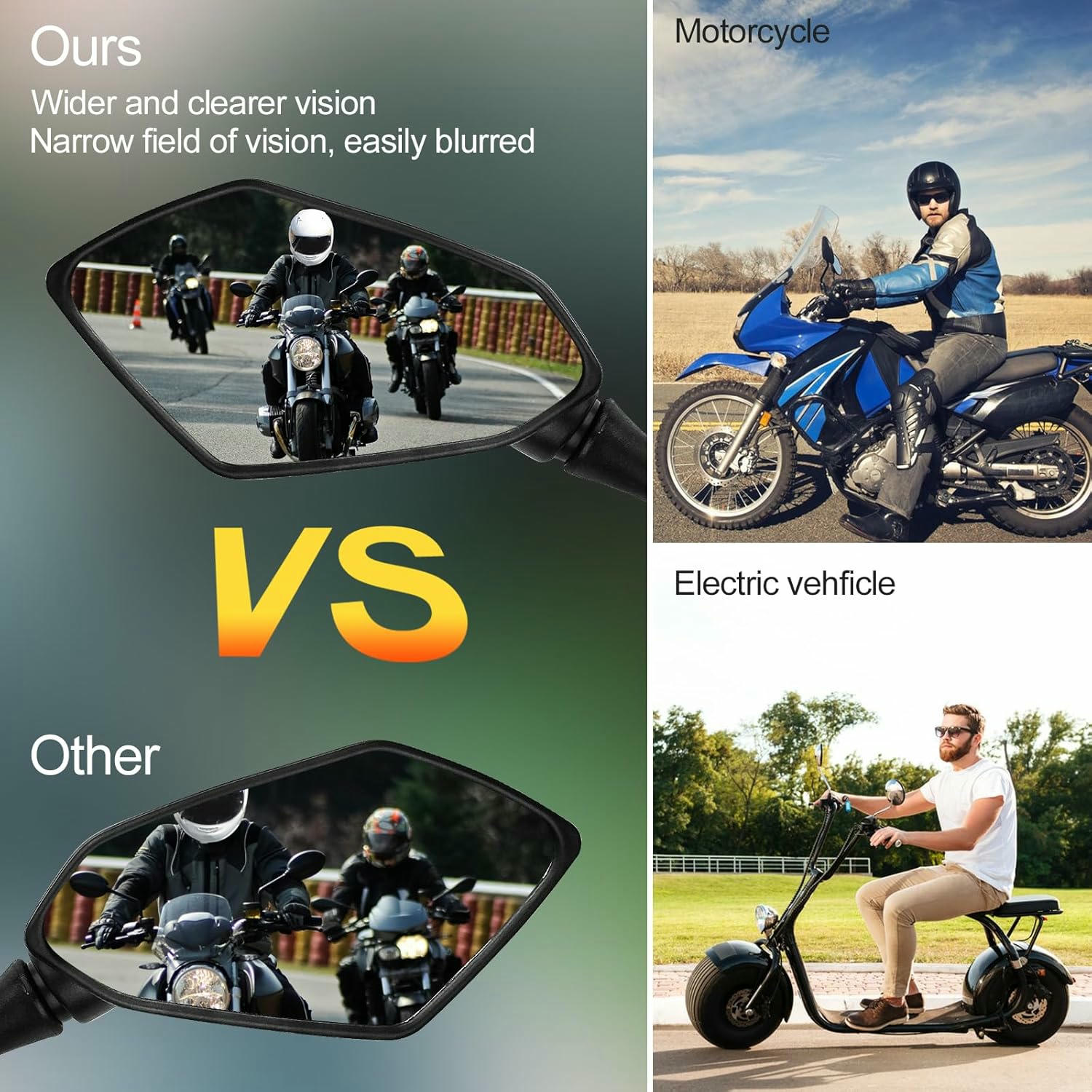 Fousenuk Par de Espejos Retrovisores Moto, Universal Espejos Moto Laterales con Abrazadera 7/8" 22mm, Tornillos de Fijación 10mm y 8mm, 360° Rotated Espejo de Manillar para Motos, Scooters, ATV