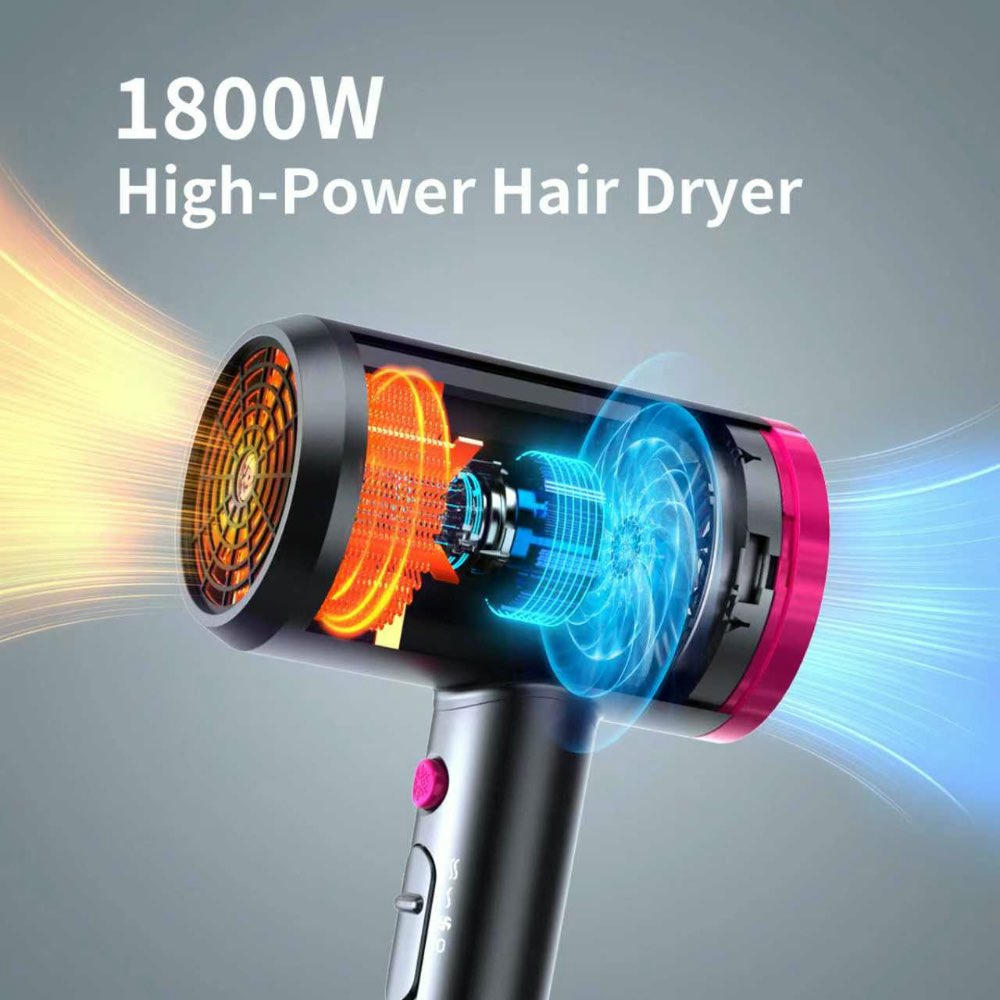 Secador de Pelo Profesional 1800W, Secador Iónico con Boquilla y Difusor, Secado Rápido y Control de Temperatura