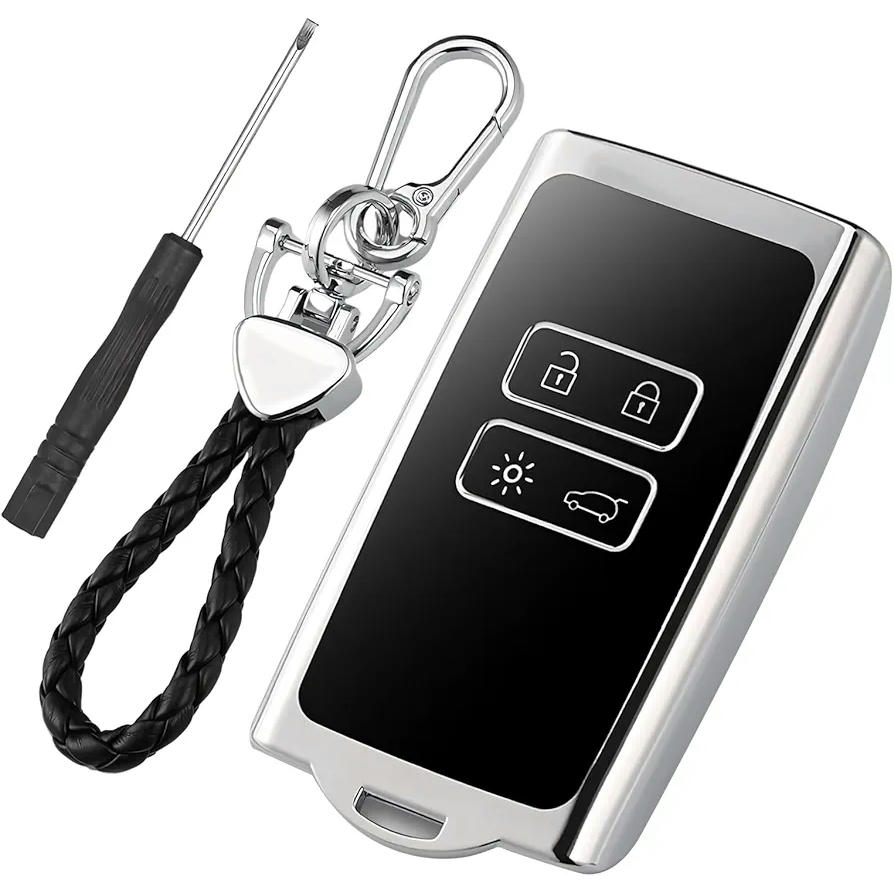 Funda de Llave para Coche Renault, Carcasa de Control Remoto con 4 Botones, Funda de TPU y Llavero de Cuero para Protección de Llave de Automóvil