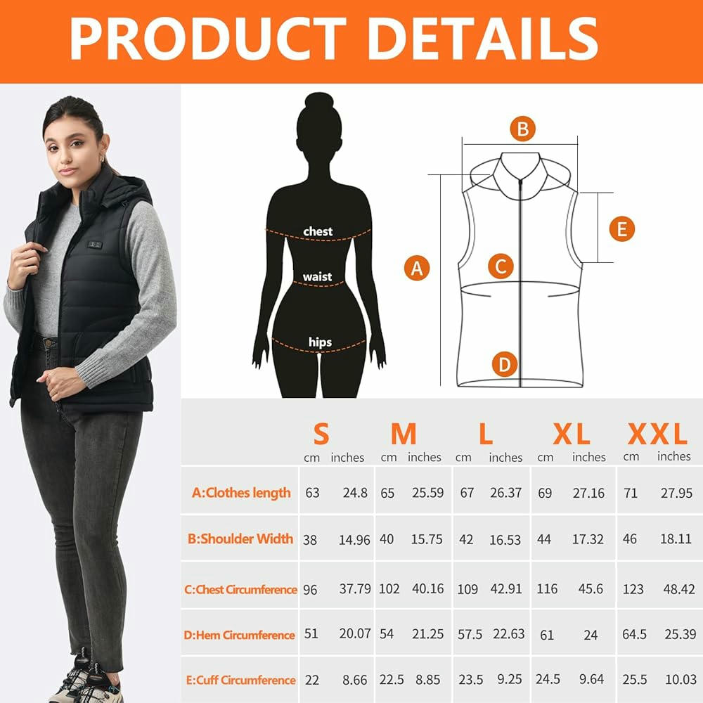 Chaleco calefactable mujer, modelo con capucha, 5 zonas de calefacción, batería de 7.4V 16000mAh, ideal para actividades al aire libre, Talla L