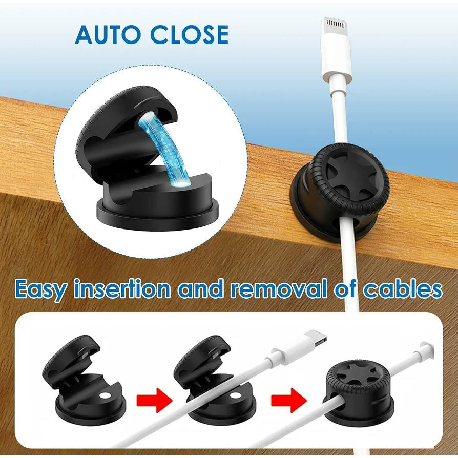 Organizadores Magnéticos de Cables - Clip Autoadhesivo Giratorio 360° para Escritorio, Mesilla o Coche