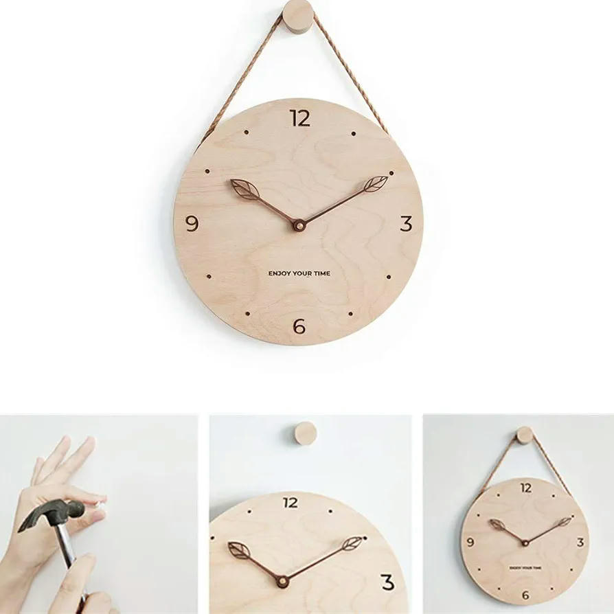 Reloj de pared de madera grande 30 x 30 cm, controlado por radio, ideal para dormitorios, modelo 12A1, Texto "Enjoy Your Time"