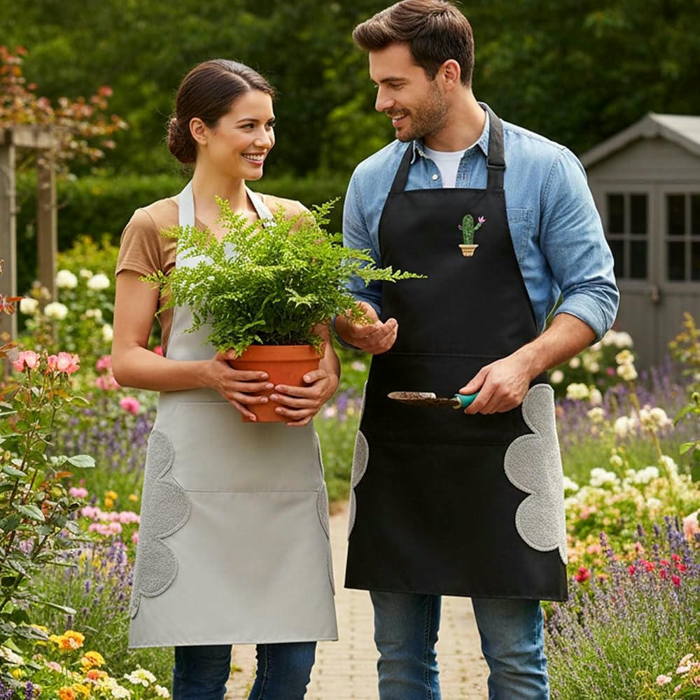 Paquete de 2 Delantales de Cocina para hombre y mujer, con diseño de cactus, impermeable y práctico (Negro y Gris)