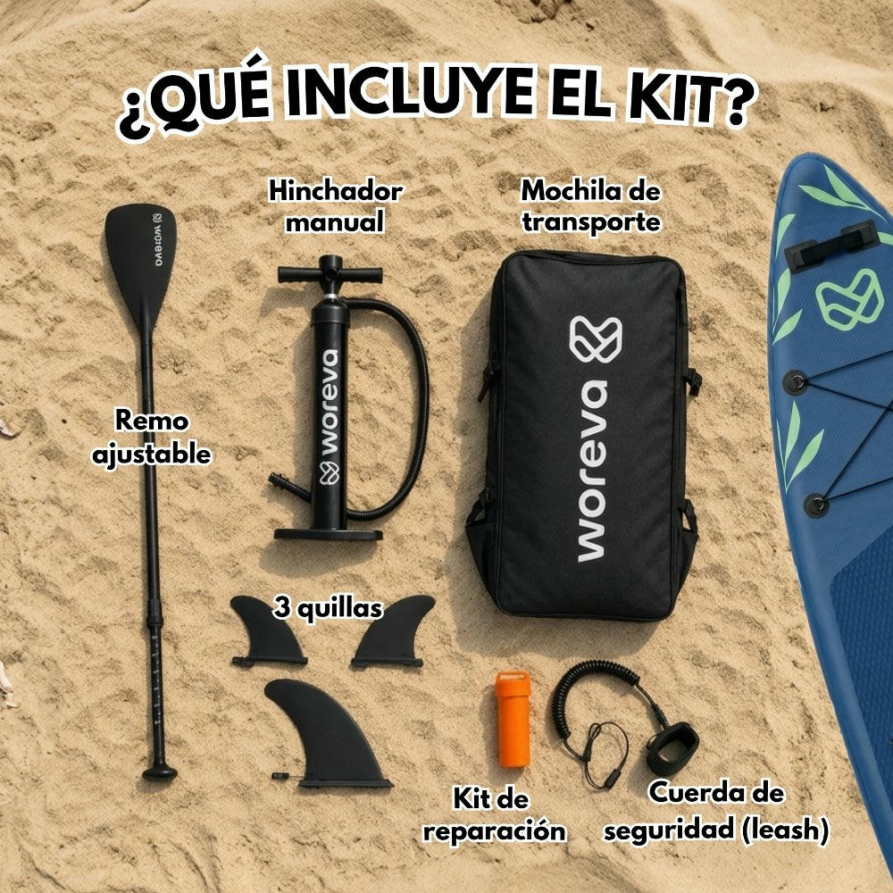 WOREVA POSIDONIA - Kit Paddle Surf Inflable 335cm | Tabla SUP Touring, Estable 3 quillas, Portable 3 asas, Ancho 84cm (hasta 160kg) | Pack con remo, inflador, mochila y más