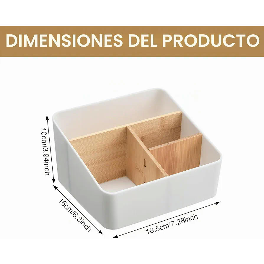 Organizador de Escritorio con 4 Compartimentos en Bambú para Cosméticos, Plumas y Accesorios (Gris)