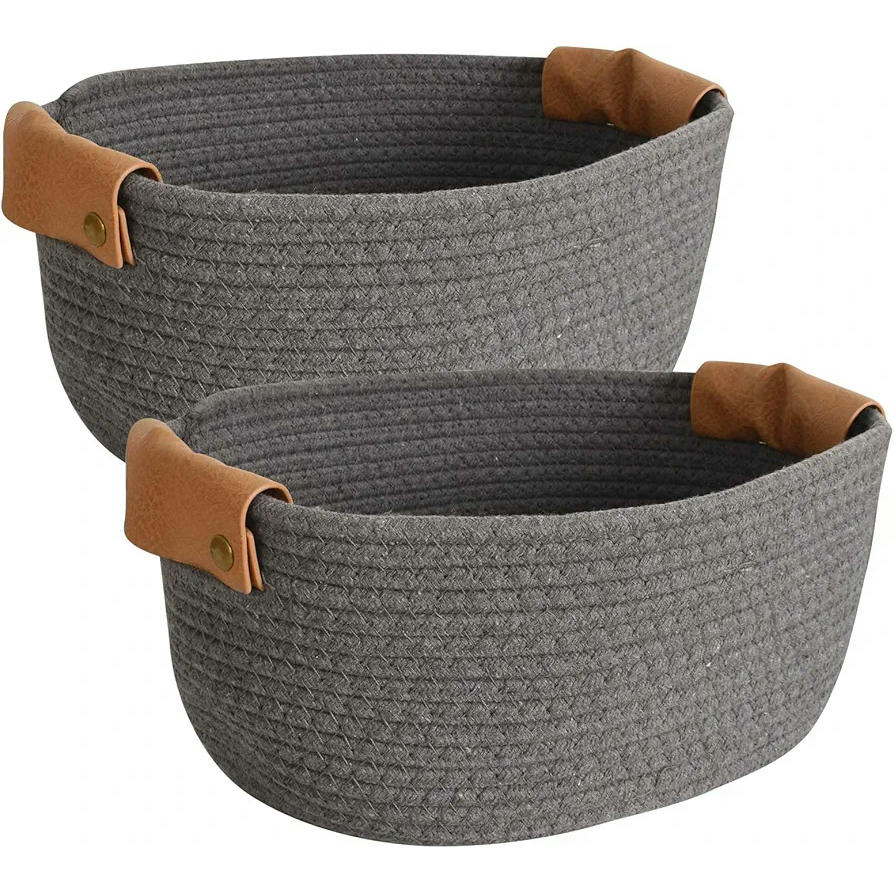 2-Piece Cotton Woven Organizer Baskets with Leather Handle for Home Storage, for Clothes, Toys, Decoration (Gray)