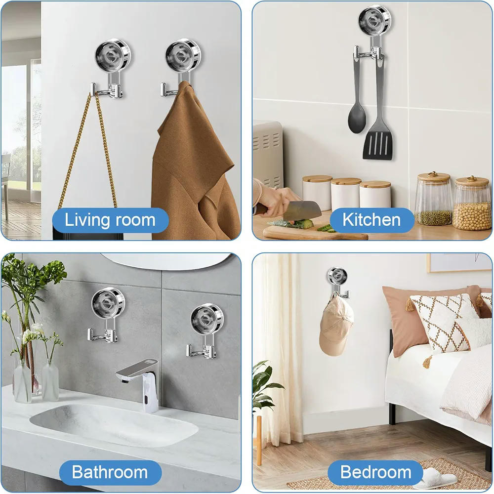 4 Ganchos de Ventosa Resistentes, Doble Gancho para Baño y Cocina, Instalación Sin Taladro, Impermeables y Reutilizables, Compatible con Superficies Lisas, 5 kg