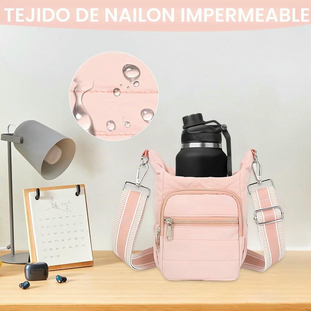 Bolsa de Transporte para Botella de Agua con Correa y Bolsillo para Teléfono, Rosado