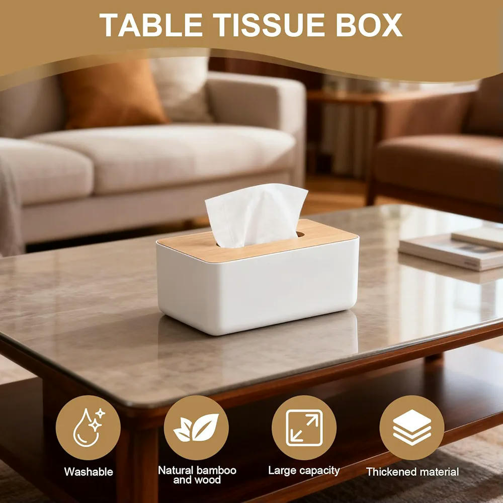 Caja de Pañuelos con Tapa de Madera de Bambú, Dispensador Rectangular para Toallitas 21 x 13 x 10 cm (Blanco)