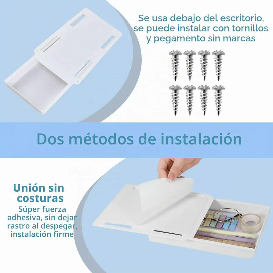 Cajones Ocultos Autoadhesivos - Organizador Bajo Escritorio con Doble Fijación para Oficina y Accesorios (Blanco)
