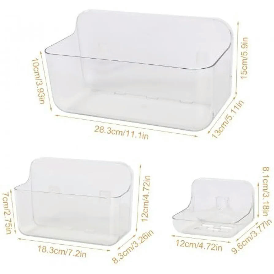 Juego de 3 estanterías sin taladrar, soporte para ducha y bandeja de baño (Transparente)