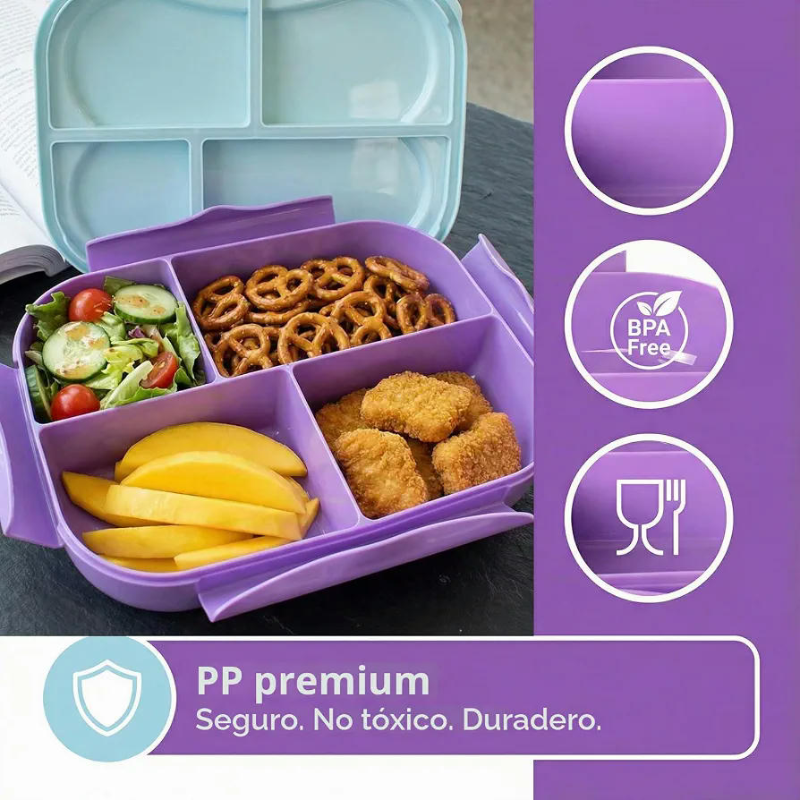 Fiambrera Hermética con 4 Compartimentos de 1000ml para Microondas y Lavavajillas (Morado)