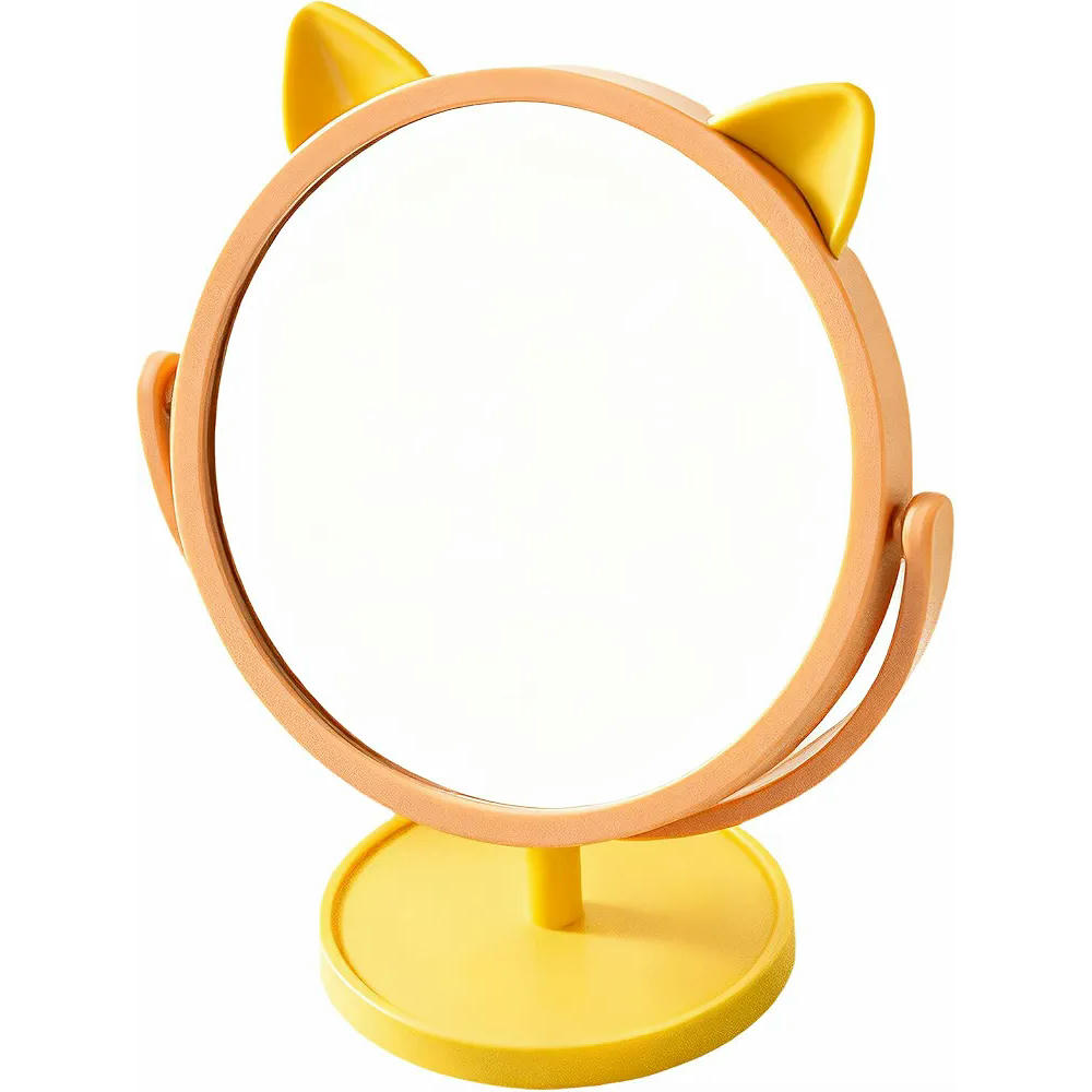 Espejo de Maquillaje Redondo Ajustable 15 cm con Diseño de Orejas de Gato Plegable y Desmontable, Amarillo