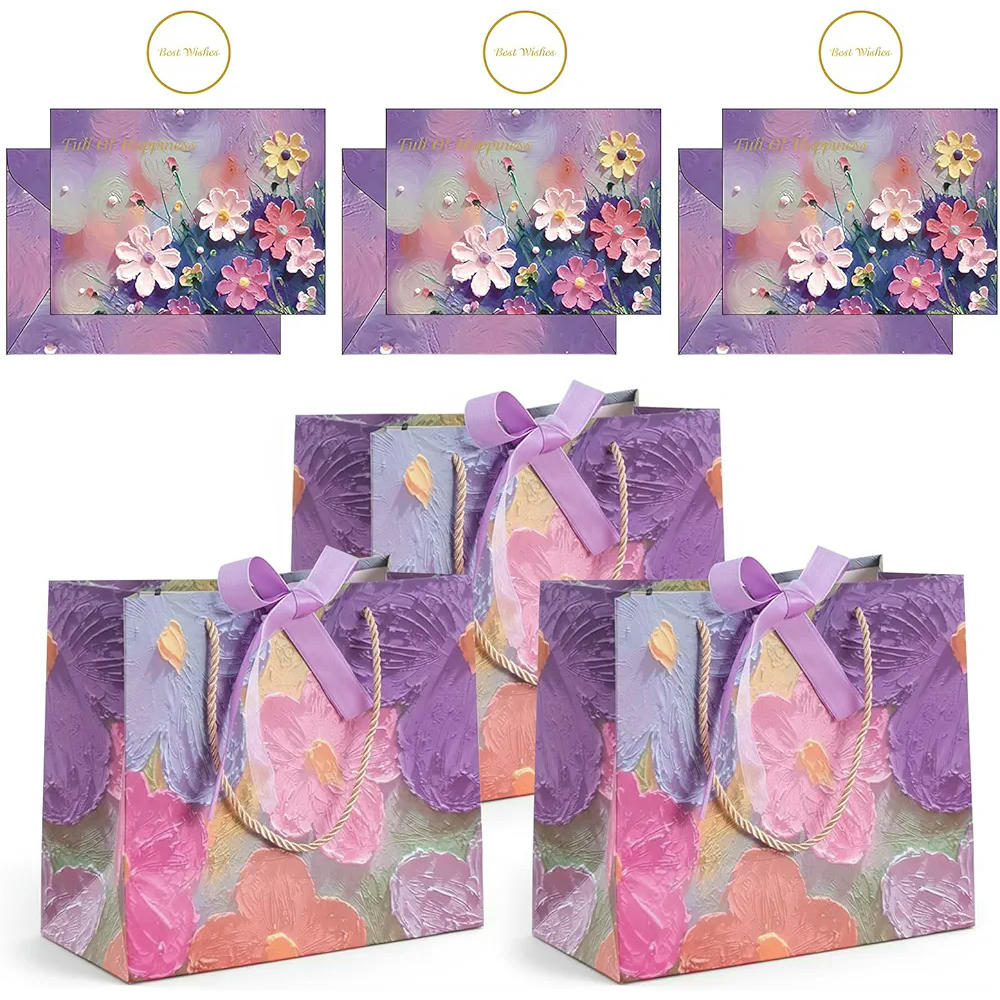 Set de 3 Bolsas de Regalo de Papel con Estampado Floral y Tarjetas de Felicitación para Ocasiones Especiales, 25 x 22 cm (Lila)