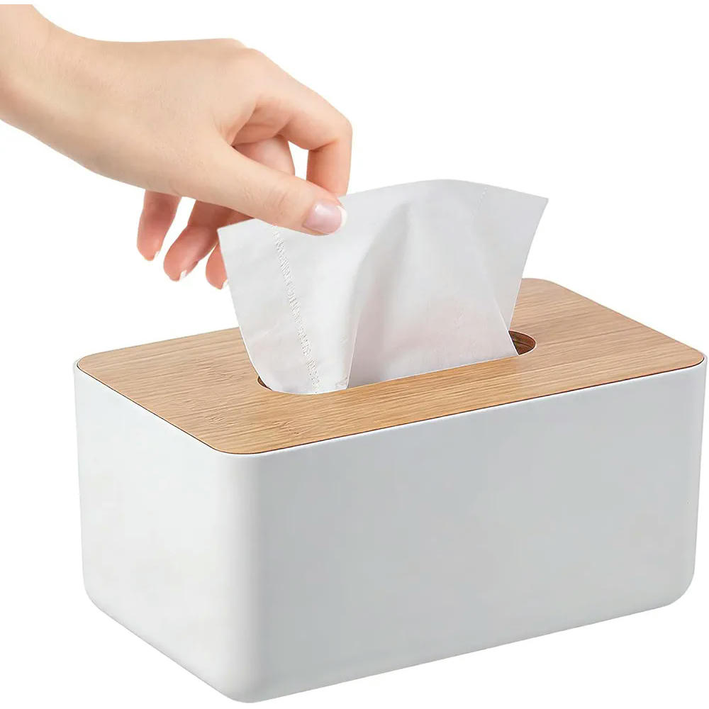 Caja de Pañuelos con Tapa de Madera de Bambú, Dispensador Rectangular para Toallitas 21 x 13 x 10 cm (Blanco)