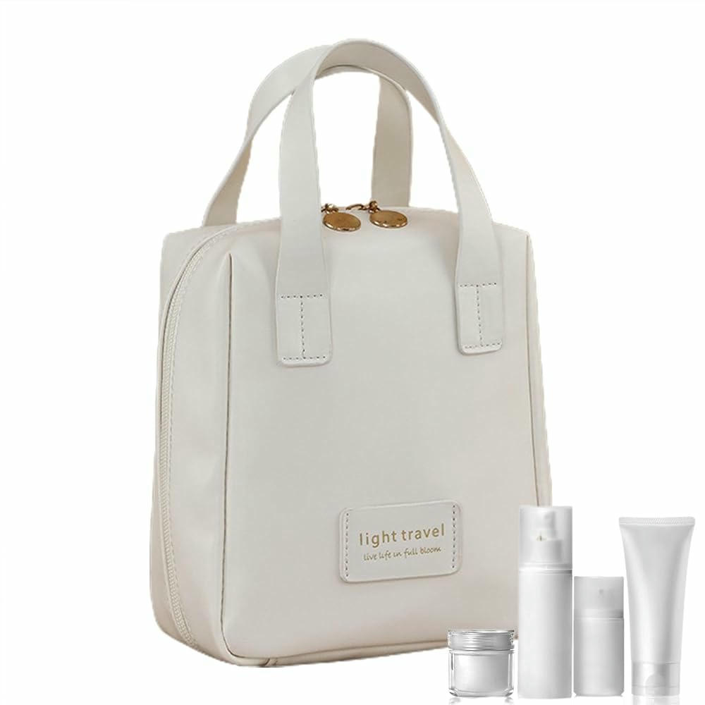 Neceser de maquillaje multifuncional de piel sintética con asa - Organizador de viaje para mujer (Blanco)