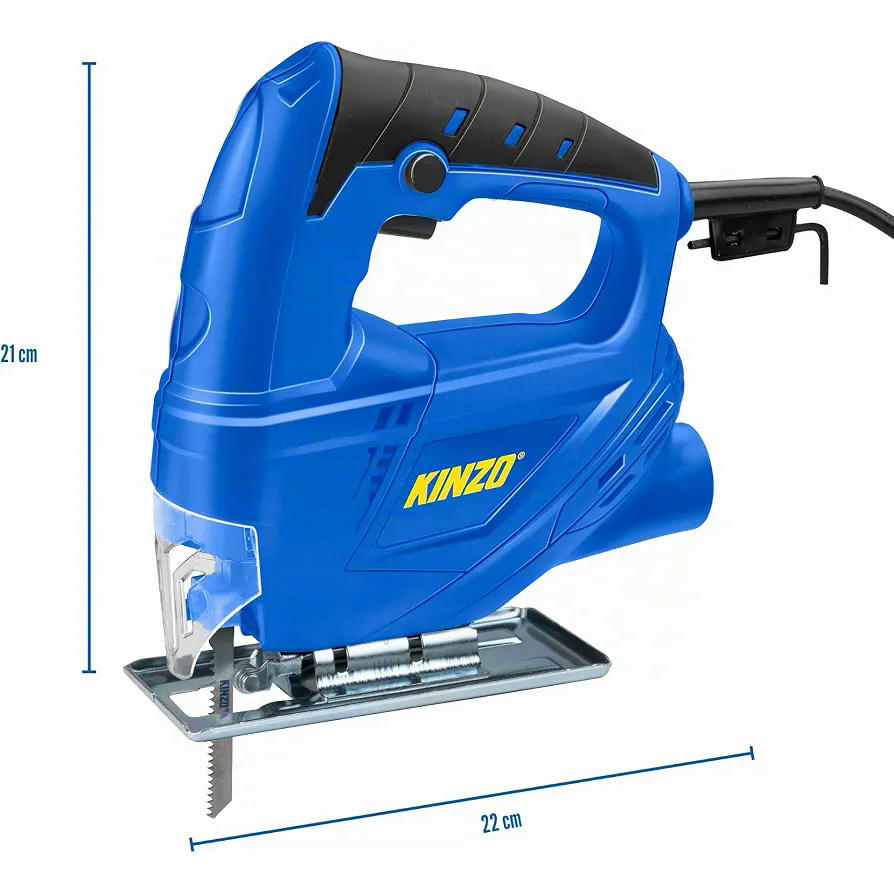 Kinzo Sierra de calar – 230 V – 400 W – con extracción de polvo – Hoja protectora – Varios materiales – Madera hasta 65 mm – Metal hasta 6 mm – Azul, 8711252064161